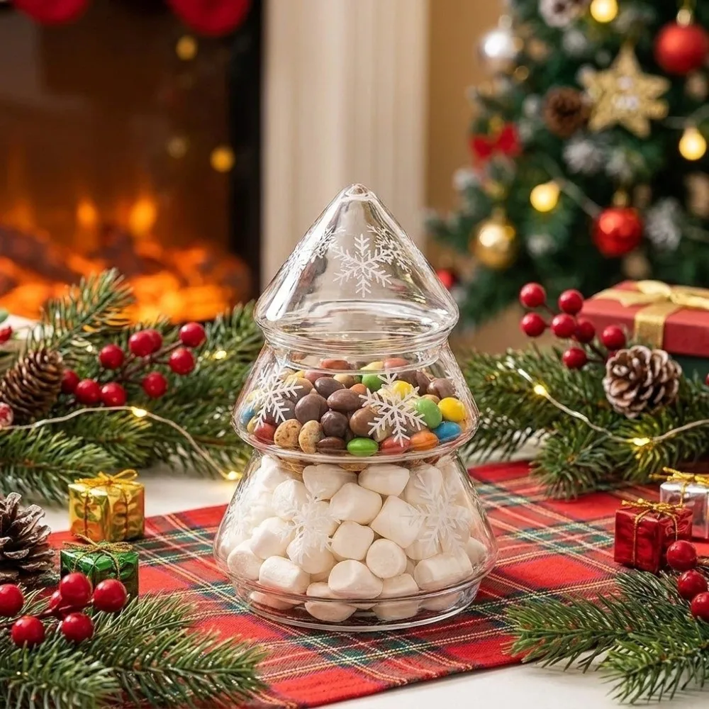 Snowflake Pattern Glass Christmas Tree Jar Large Capacity Transparent Cookie Jar With Lid Stylish Xmas Candy Jar
