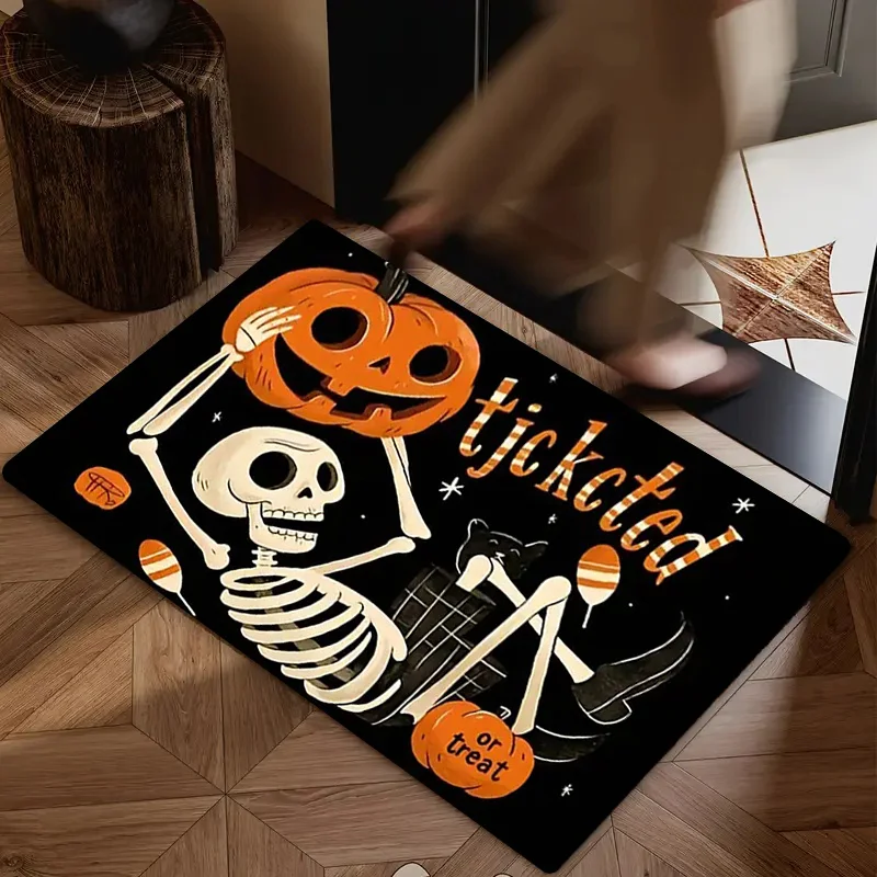 Ghost Black Cat Rectangle Door Mat Vintage Brown Pumpkin Non-Slip Welcome Rug Halloween Carpet for Home Entrance Porch Decor