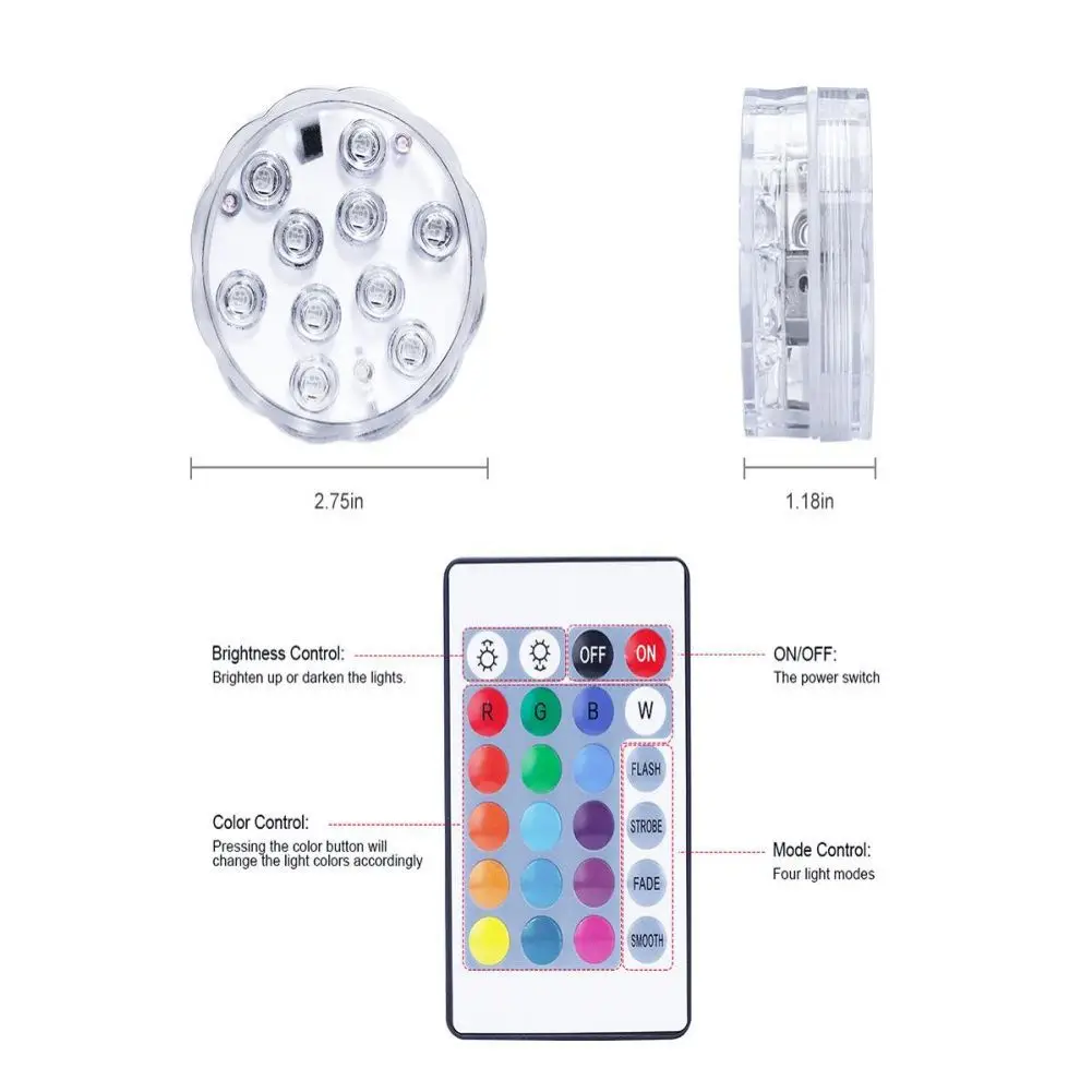 リモコン付き水中LEDプールライト,10個のLEDバッテリー駆動の充電式温水浴槽ライト