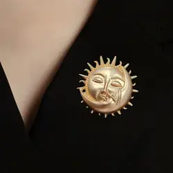 Moon Sun Face Women Brooch Rhinestone Retro Baroque Style Suit Coat Collar Hat Scarf Decoration Clothes Pin Leaf Brooch Jewelry