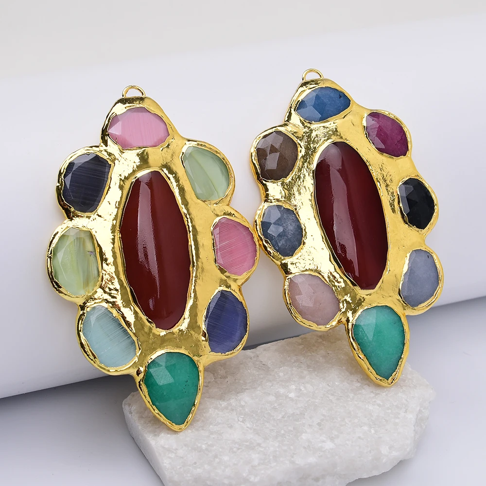 

APDGG 2 Pcs Large Size Natural Colorful Cat eye Oval Red Agates Stone Charms Teardrop Pendant For Necklace Jewelry DIY