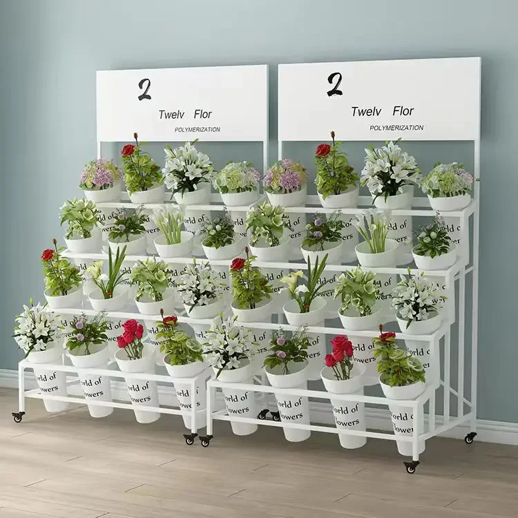 Plastic flower bucket holder Indoor and outdoor with wheels Movable with billboard Wrought iron light luxury display stand