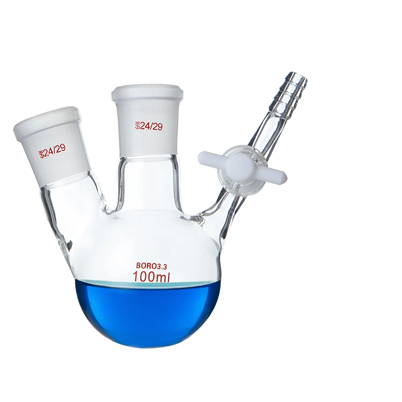 Two-port spherical round bottom reaction bottle with branch tube PTFE piston flask 50/100/250/500/1000/2000ml