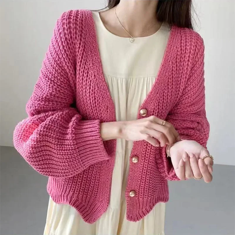 HELIAR Lazy Wind Women Sweet Cardigan Korean Loose Long Sleeve Casual Knitted Coats Vintage V Neck Buttons Up Cardigan Sweater