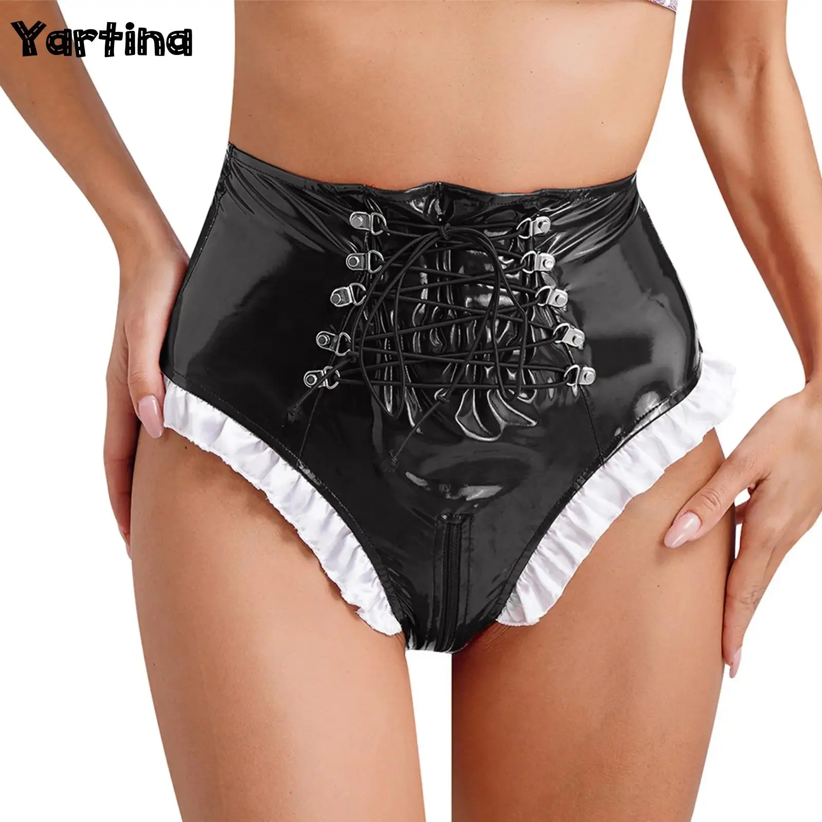 

Womens Lingerie Maid Knickers Glossy Panties Satin Ruffle Trims Zipper Crotch Underwear Lace-up Frilly Patent Leather Briefs