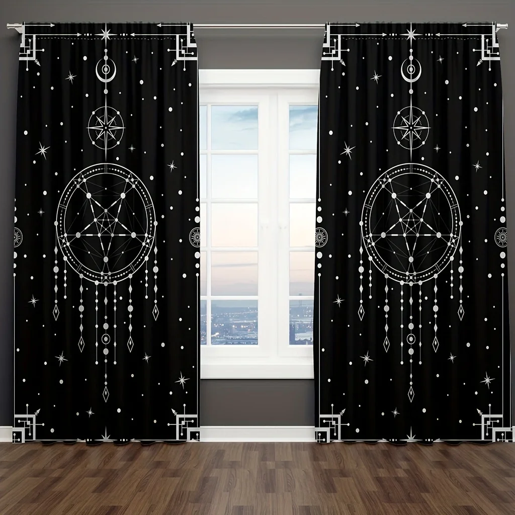 2pcs Sun Moon Curtains, Mystic Celestial Boho Dream catcher Occult Geometric Sign Fantasy Universe Starry Sky Galaxy Print Curta