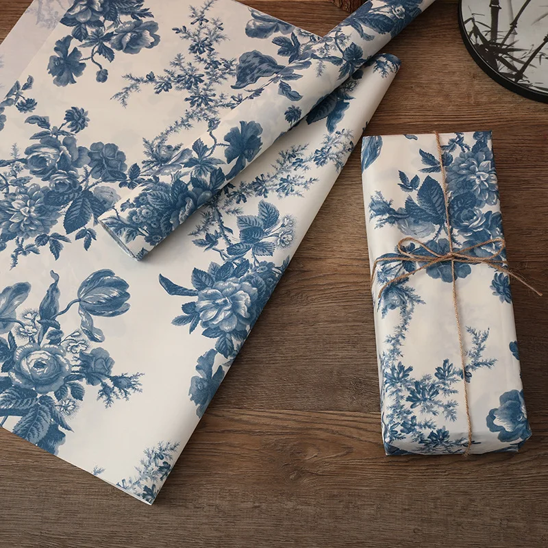 76x50cm/20pcs Chinese Style Peony Blue and White Painting Printing Painting Flower Wrapping Paper Classical Art Vintage Paper