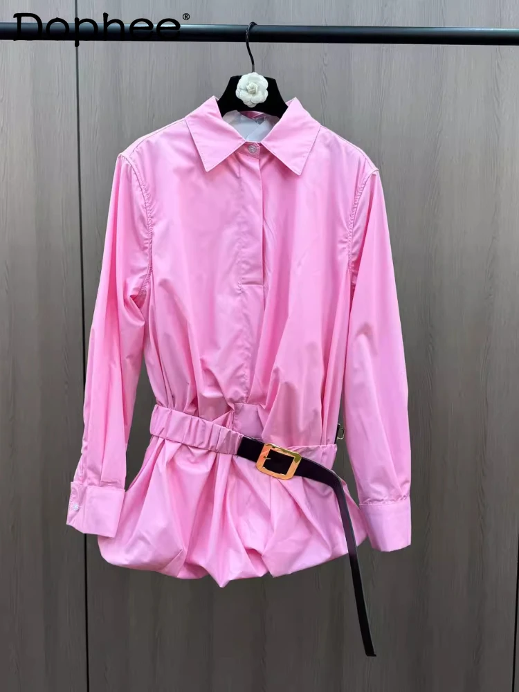 Spring and Summer 2025 Lapel Long Sleeve Design Sense Belt Decorative Bubble Long Sleeve Splicing Medium Length Shirt Women