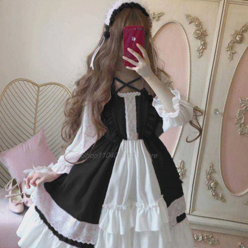 Alice In Wondeland Cute Women Lolita OP Dress Flouncing Lace Trim Japanese Harajuku Long Sleeves Doll Teen Dress Fairy Vestidos