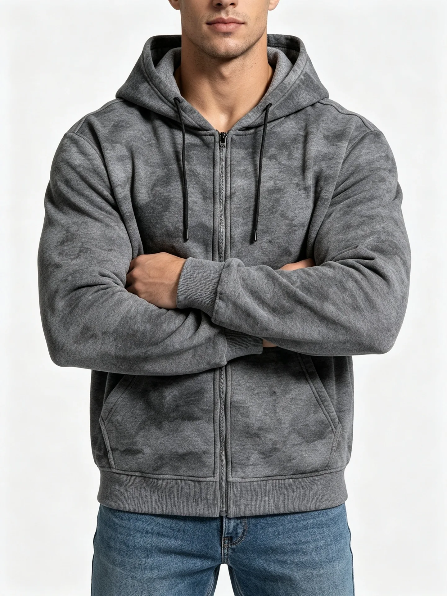 Men Tie Dye Zip Up Hoodie Heavyweight Full Zip Hooded Sweatshirt European High Street Loose Streetwear Autumn Casual Outerwear J