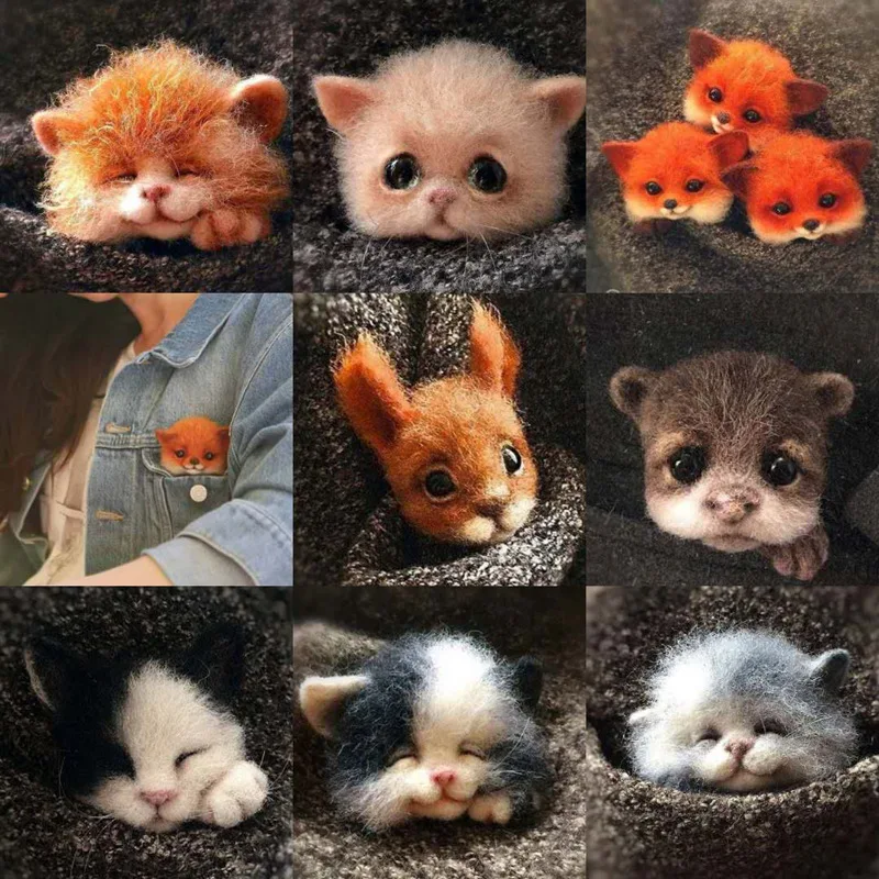 DIY Women /men Pocket Animal Pet Doll Toy Wool Needle Felting Kit DIY Non Finished Dog Cat Fox Head Decor