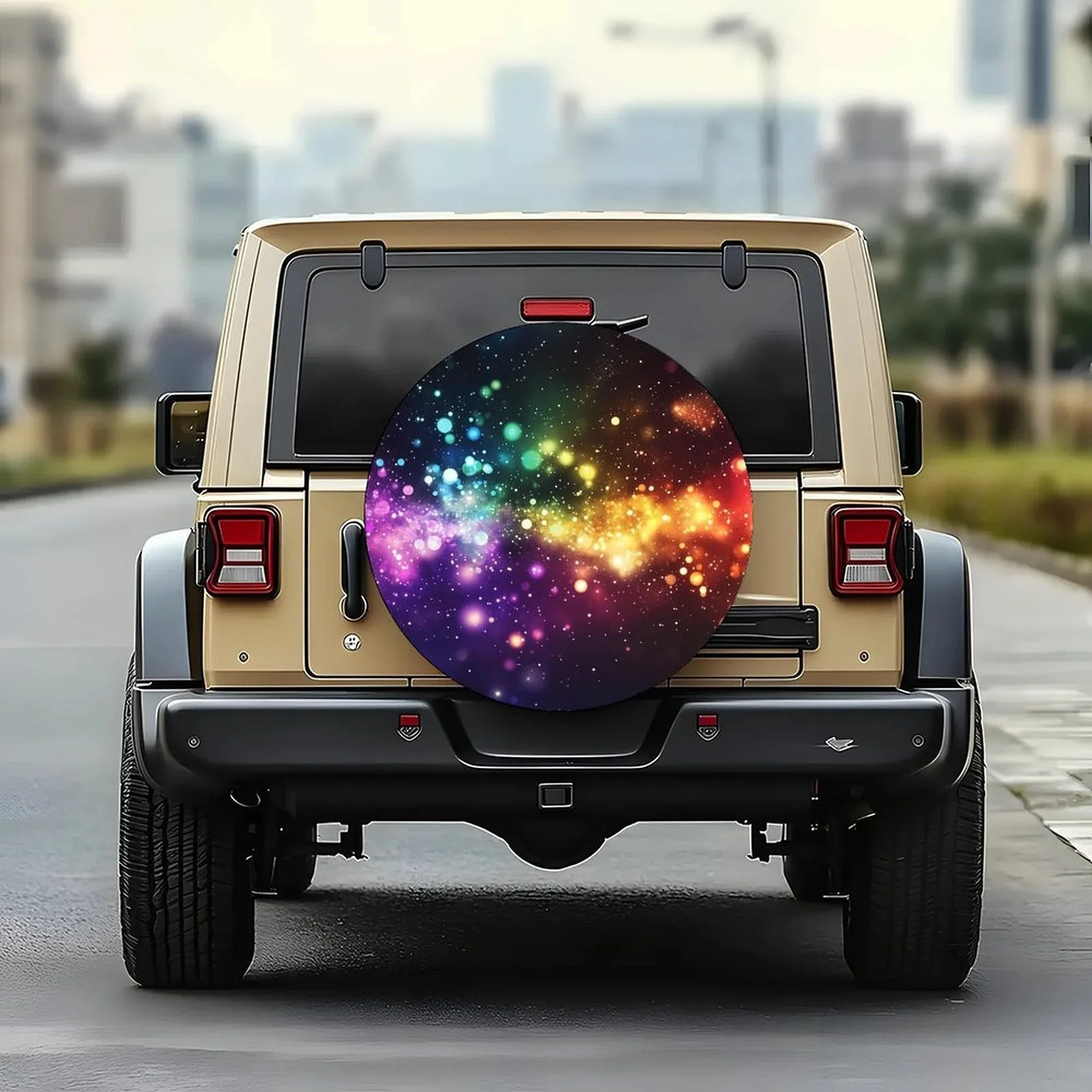 1pc Starry Space Themed Tire Cover Wheel Cover - Vibrant Cosmic Design With Colorful Stars & Planets, Durable Polyester, Fits Mo