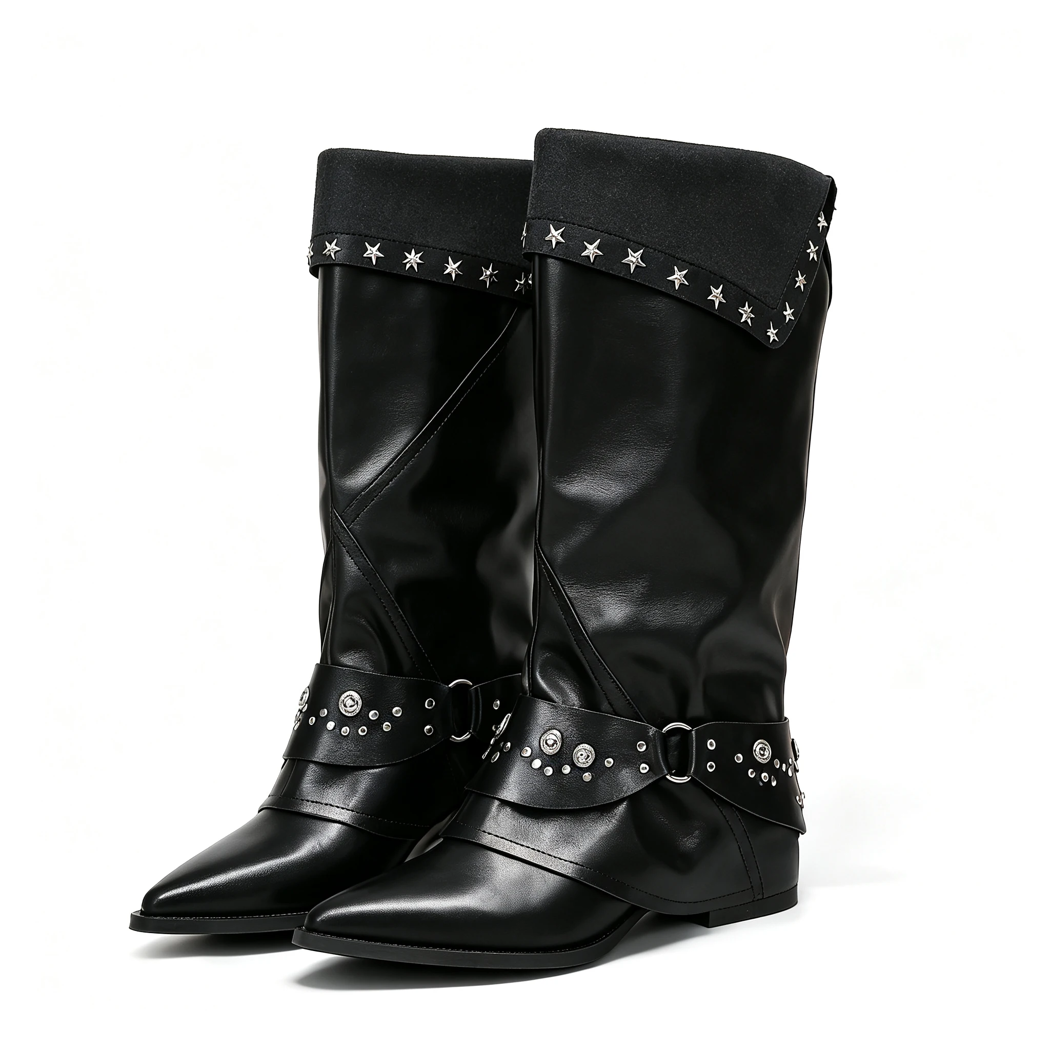 Vintage Women Cowboy Boots Western Mid Calf Pointed Toe Studded Rivet Low Heel Fold Over Biker Riding Boots Black Khaki