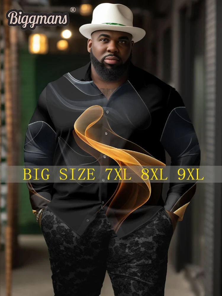 

Biggmans （L-9XL）For Men's Plus Size Casual Geometric Aurora Long Sleeve Lapel Long Sleeve lattice Shirt