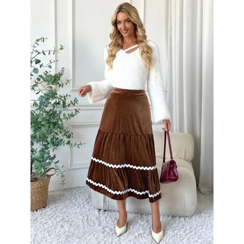 Mid-length Lace Skirt Women's Autumn and Winter Velvet Wide Hem A-line Skirt