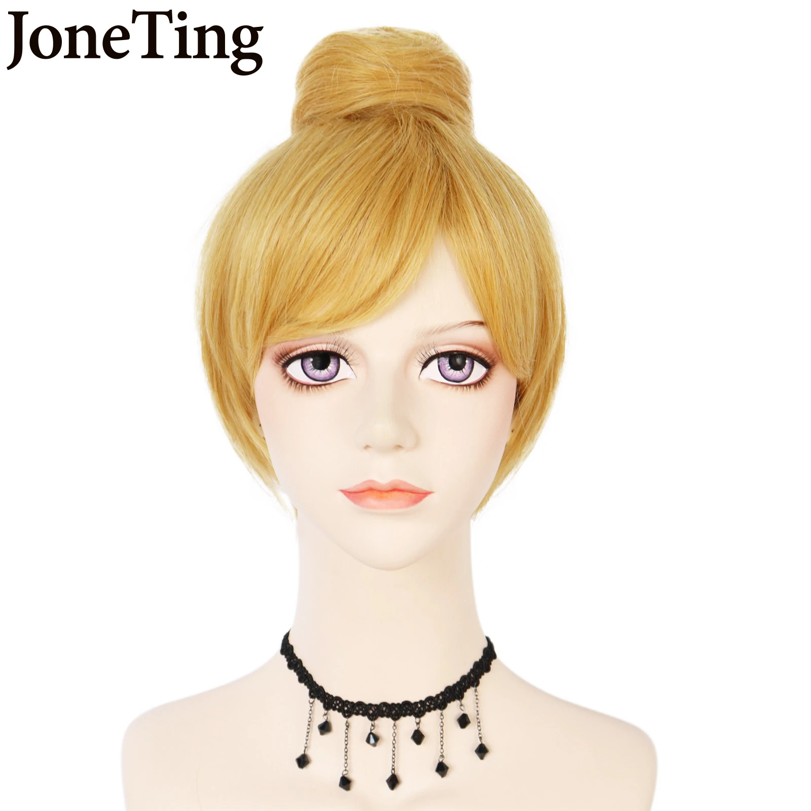 JT Synthetic Princess Tinker Bell Tinkerbell Cosplay Wigs Short Blonde Hair With Bun Heat Resistant Fiber Hair Wig Halloween