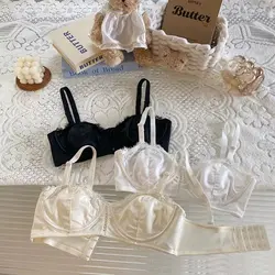 SP&CITY French Rabbit Ear Lace Thin Bras For Women Small Chest Gathered No Steel Ring Brassiere Thin Satin Sexy Hollow Out Bra