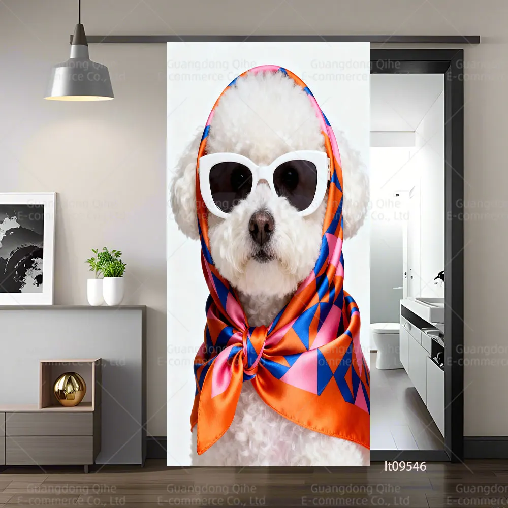 3D Cute Pet Door Sticker Self Adhesive Removable Fashion Cat Dog Door Wrap Peel and Stick Full Door Cover Decal for Home Decor