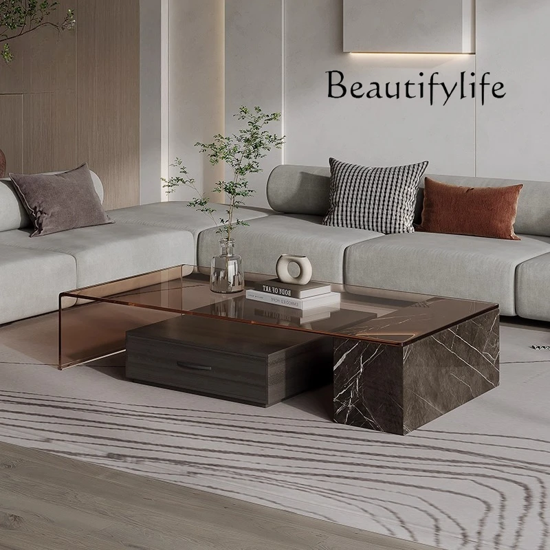 

Italian minimalist natural marble coffee table TV cabinet combination set furniture light luxury high-end glass