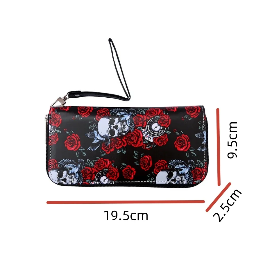 Wallet Color Rose Skull Long Wallet, Retro Skull Print Women\'s Clutch, Zipper Position Randomly