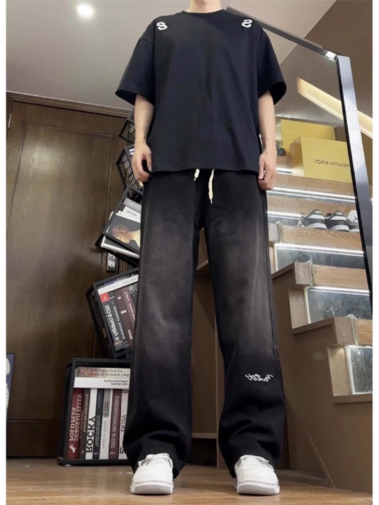 

Мужские джинсы с прямыми штанинами в стиле ретро, американские повседневные свободные широкие осенние длинные брюки, молодежные нескользящие прямые брюки