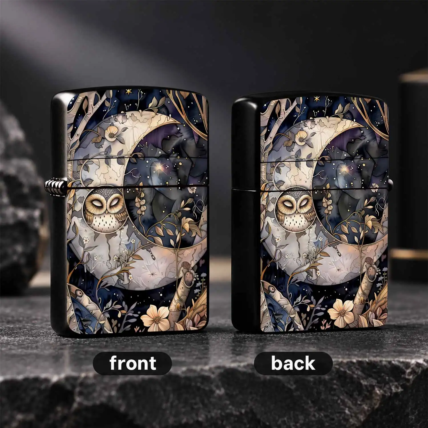 Vintage Art Lighter With Slumbering Owl On Crescent Moon Design, Dreamy Starry Night Floral Vine Pattern, Exquisite Portable All-Match Accessory, Ideal Thoughtful Unique Gift For Different Occasions, Delicate Whimsical A Humorous And Intere