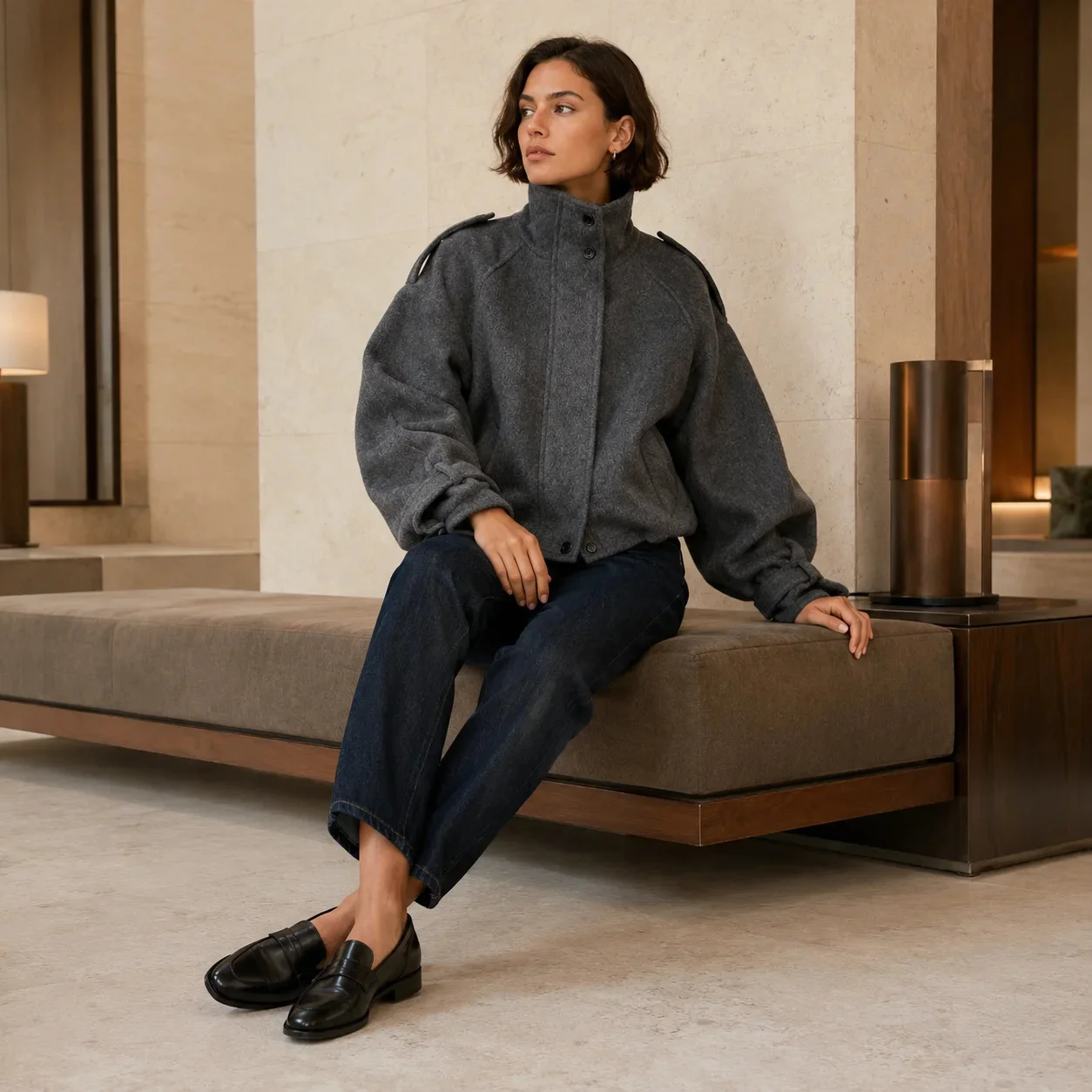 Elegant Women Wool Jacket With Stand Collar Thick Warm Short Coat Loose Fit Button Up Fashion Outerwear Autumn Winter