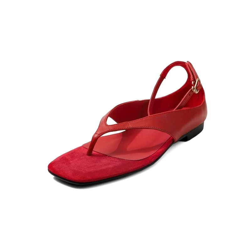 Split Toe Flat Sandals Women's Flip-Flops Genuine Leather Solid Color Back Strap Casual Sandalias Outdoor Versatile Beach Shoes