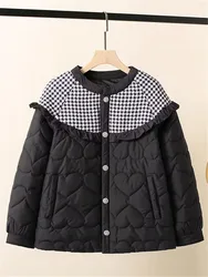 Ropa de talla grande para mujer, chaqueta de invierno de manga larga, cuello redondo, tartán cuadrado con ribete deshilachado en los hombros, costura, abrigo cálido