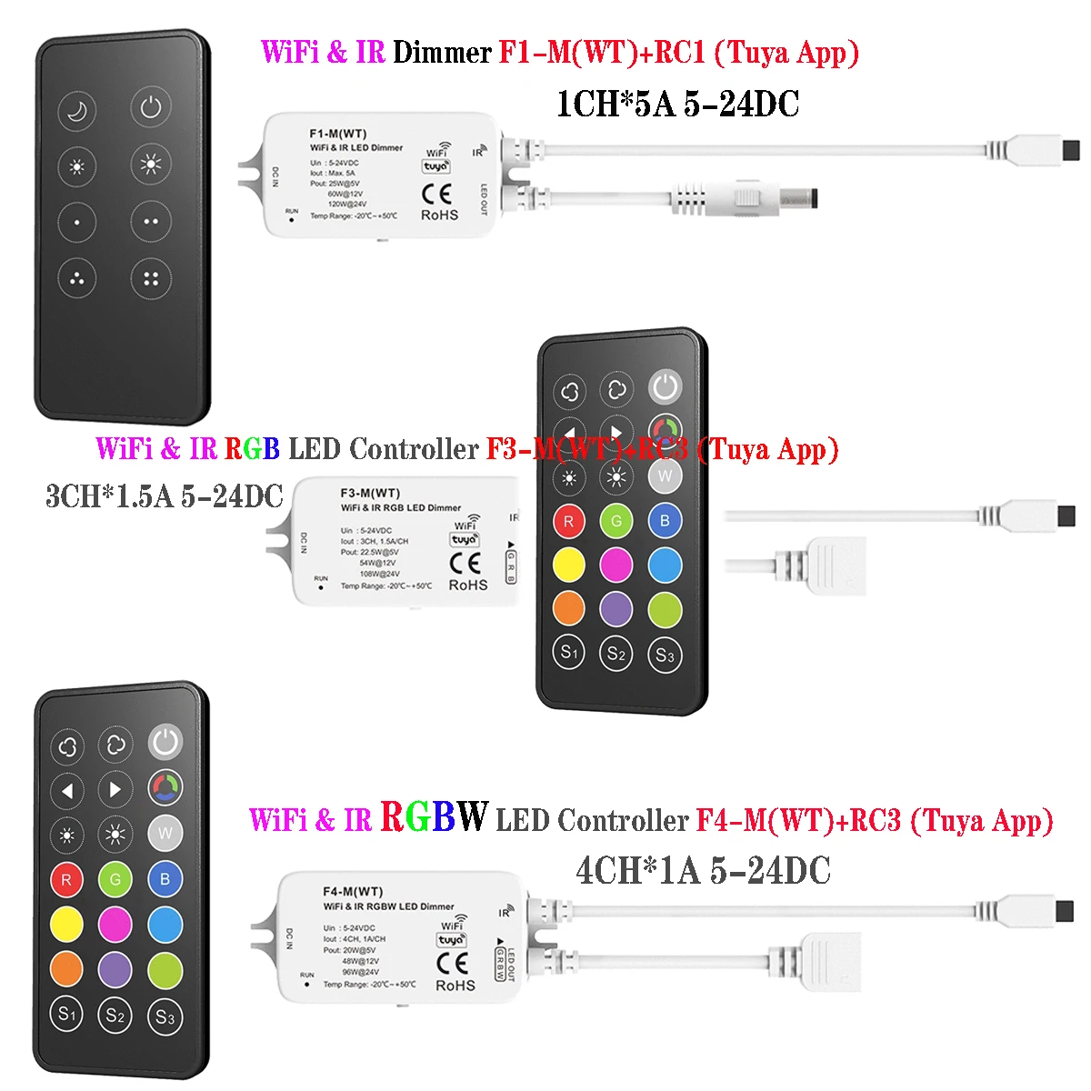 Dimming/RGB/RGBW Dimmer Tuya WiFi LED Controller IR Remote Switch 5-24VDC for 5m monochrome/RGB/RGBW LED strip