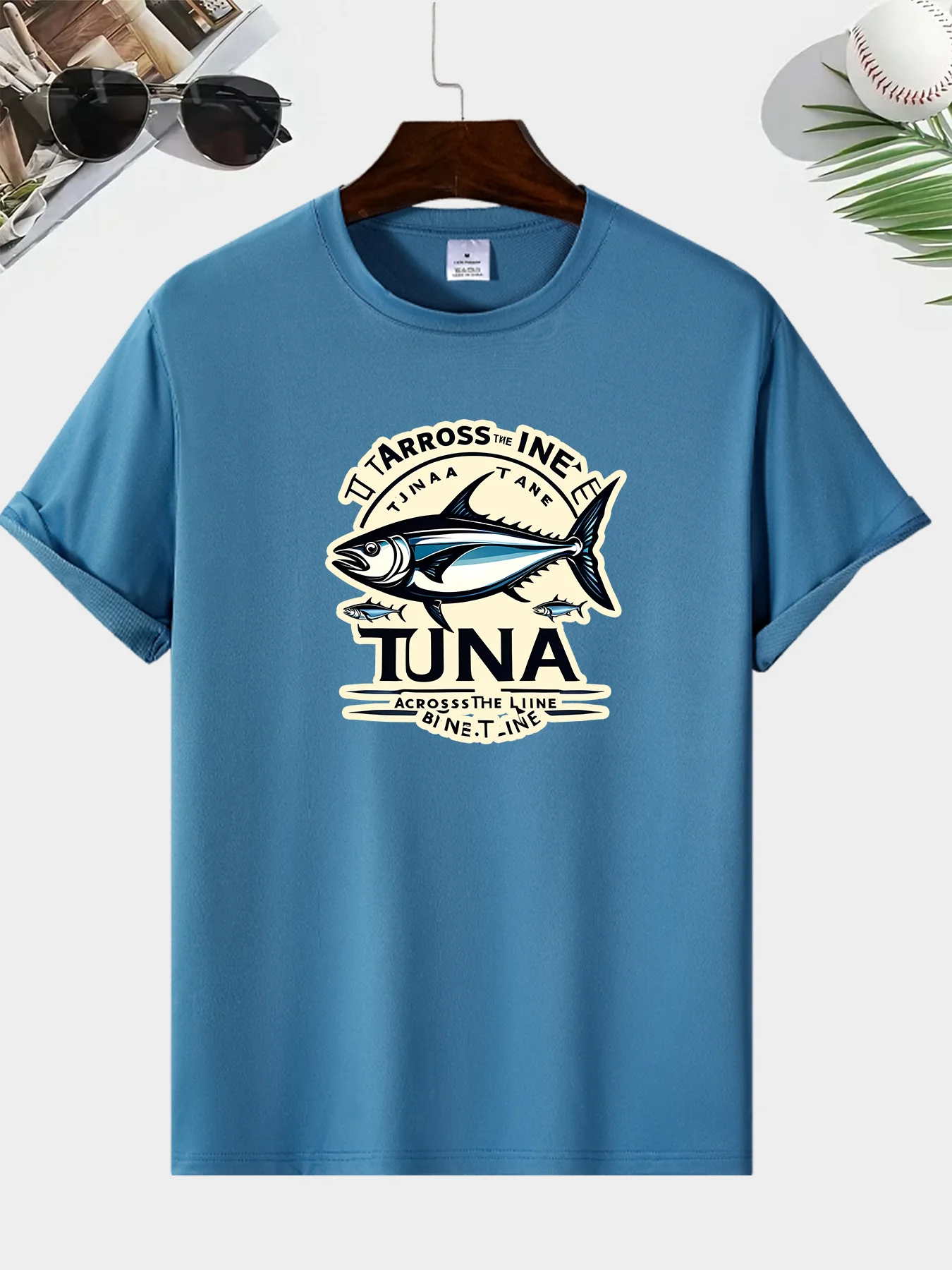 Men\'s casual short sleeved 100% polyester new summer personalized tuna print twill fashion comfortable casual men\'s T-shirt