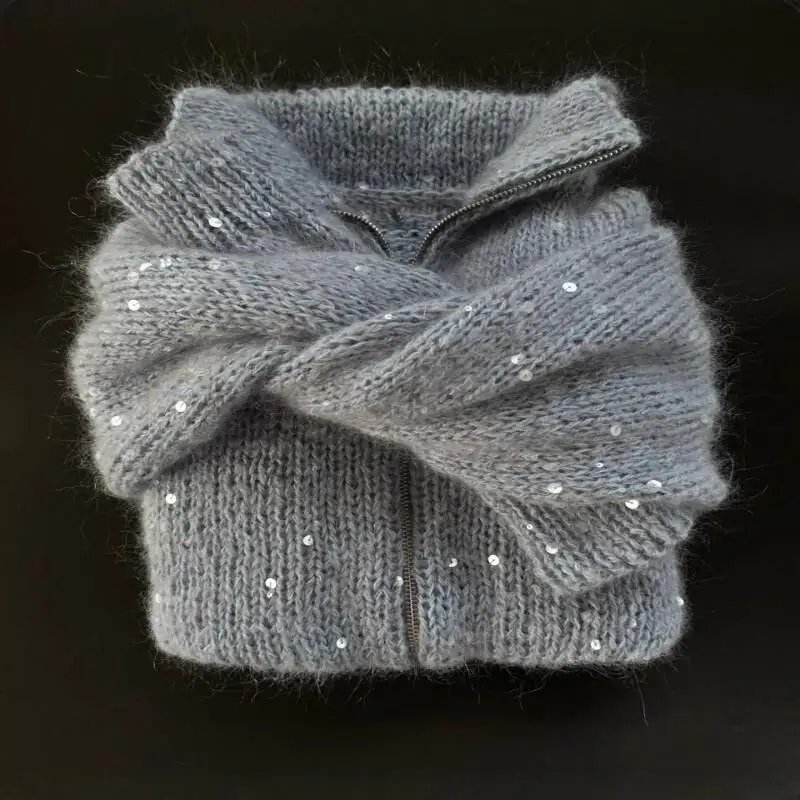 

Модный вязаный кардиган с пайетками для стильных девушек, весна-осень, с двусторонней молнией, свободный крой, узор «Звездное небо»