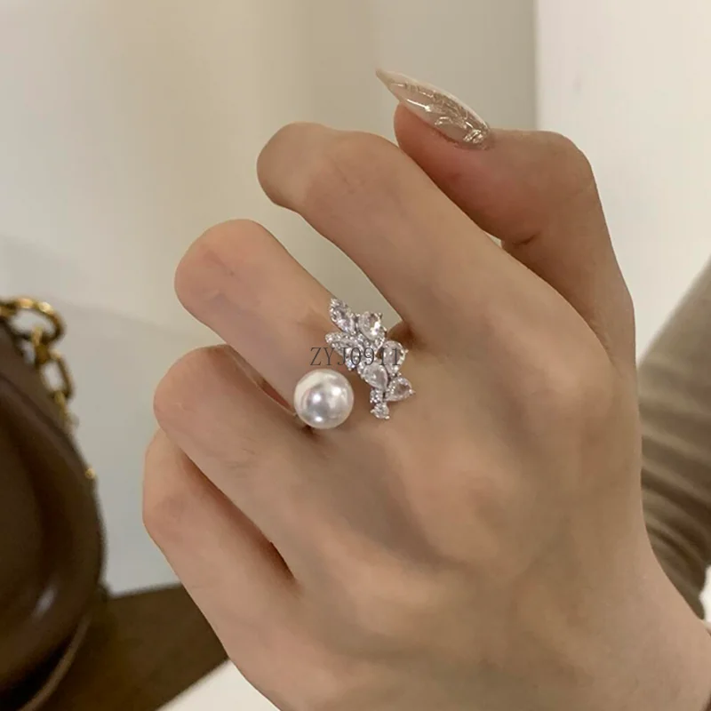 Cincin Mutiara Zirkon Daun Perak Sterling Cincin Jari Desain Pembukaan Rasa Premium Mewah Ringan Prancis