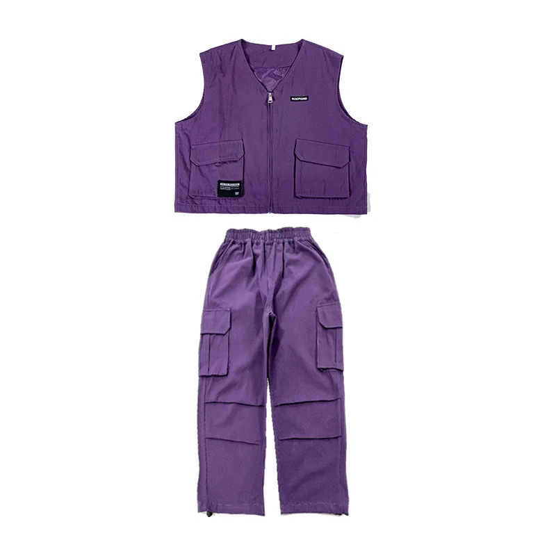 Trajes de baile de salón para niños y niñas, chaleco morado holgado + pantalones Cargo informales, 2 piezas, ropa de actuación de Jazz, traje de escenario Kpop