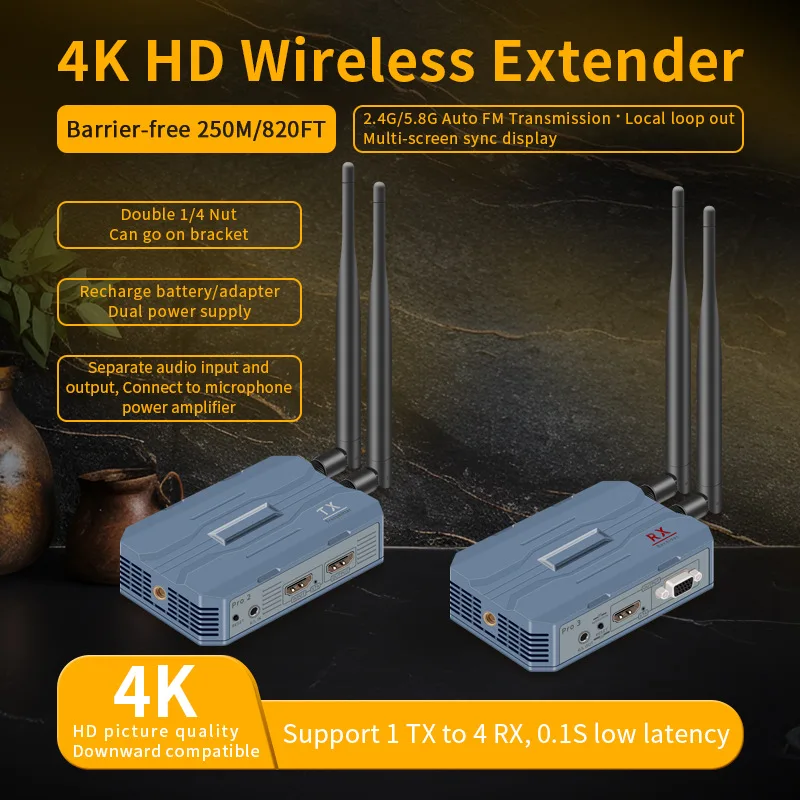 4k high-definition wireless extender 250m screen adapter supports 1 transmitter multiple radio video screen projectors