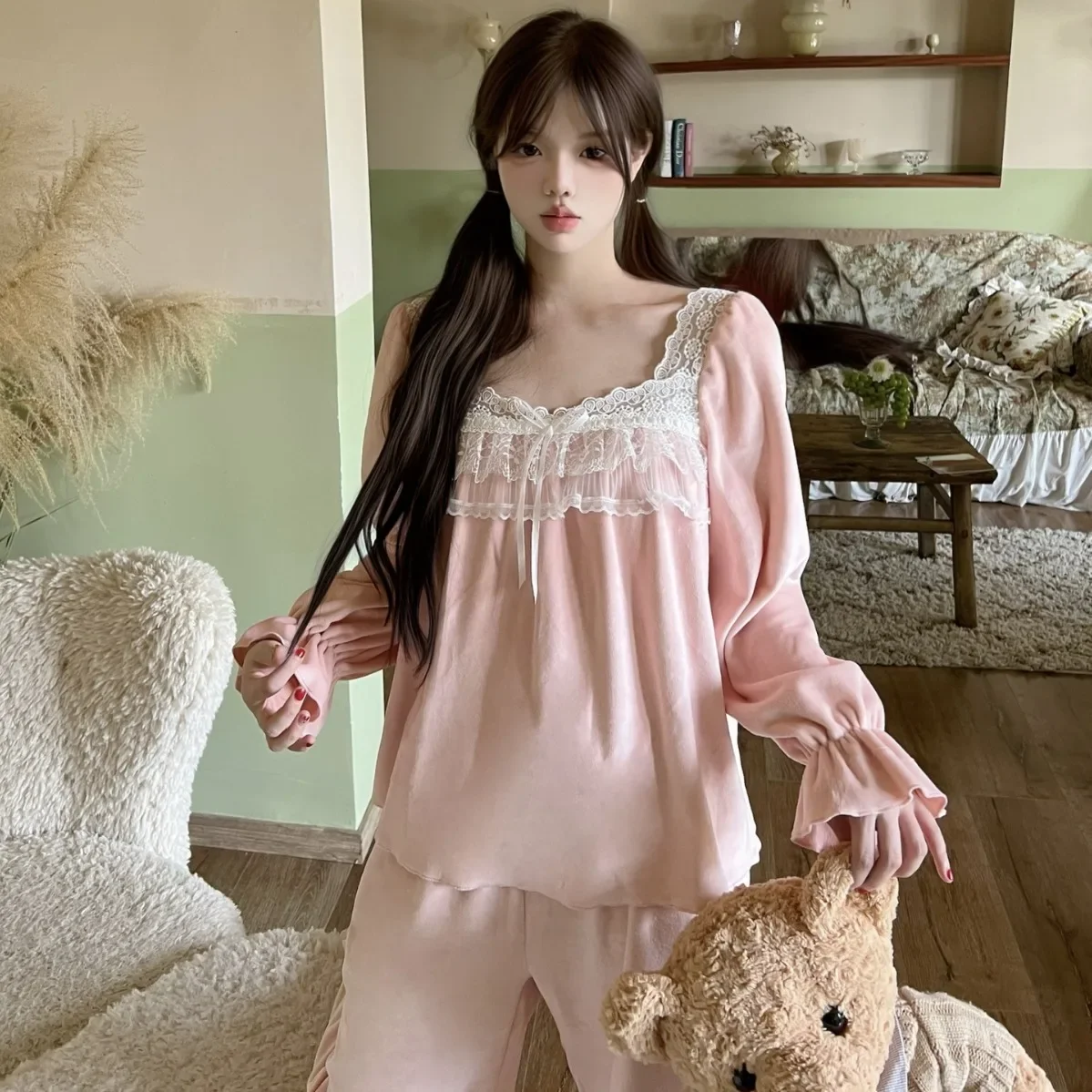 Women 2Pcs Pajamas Suit Island Velvet Top&pants Loose Outfit Winter Sleepwear Princess Style Nightwear Autumn Loungewear