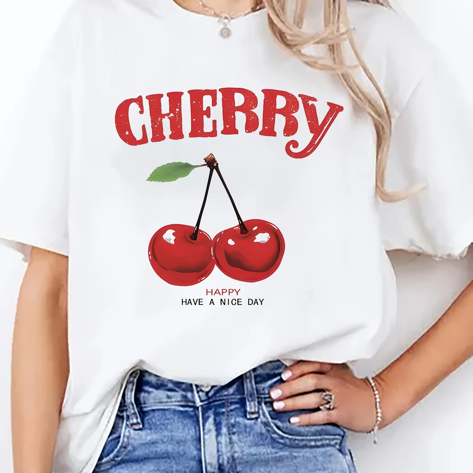

EZwear Cherry Blossom Pattern Printed Crew Neck Short Sleeve Women's Loose Casual Summer T-Shirt Men's and Women's T-Shirts