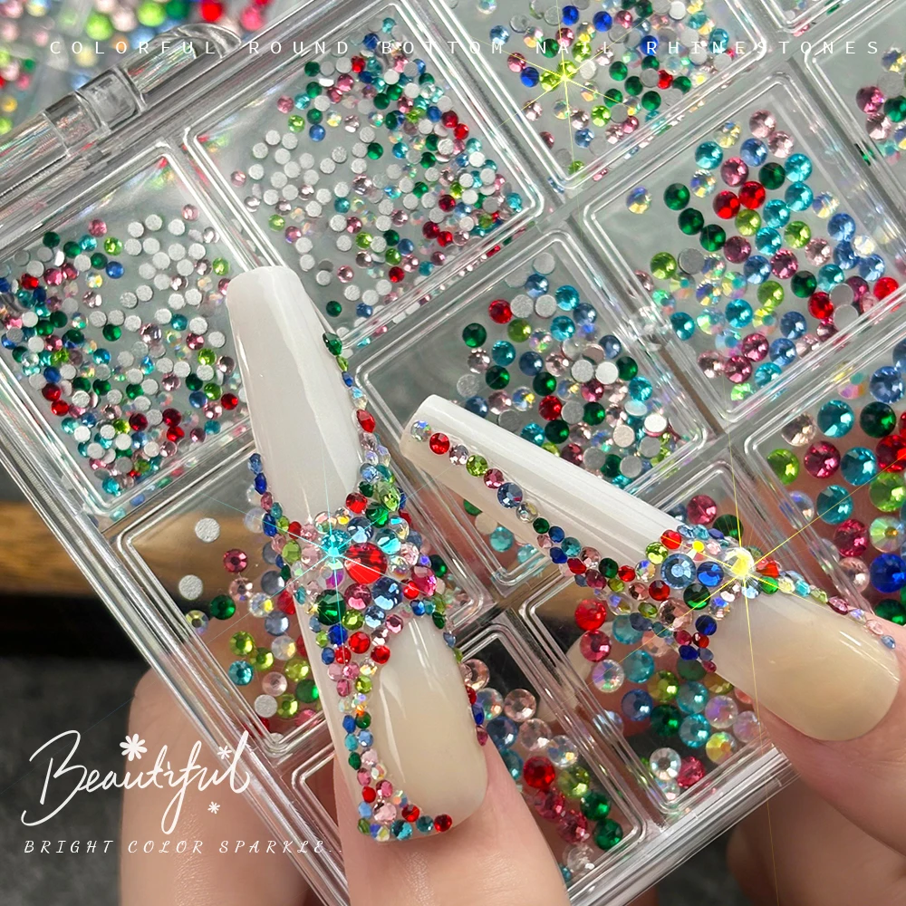 

12Grid/box Colorful Round Diamond Nail Rhinestone Red/blue Glitter Gems Flatback Nail Diamonds Mirror Glass Manicure Crystal