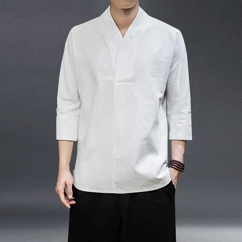 Summer Thin Hanfu Ancient Style 3/4 Sleeves Solid Color Kung Fu Clothes Harajuku Top Chinese Style Cotton Linen T Shirt Men