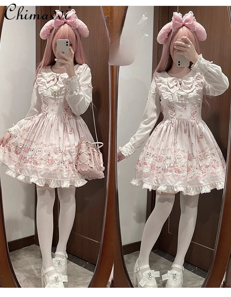 Original nova primavera verão bonito impressão de manga curta lolita op vestido japonês doce menina produzido em massa kawaii arco vestidos curtos