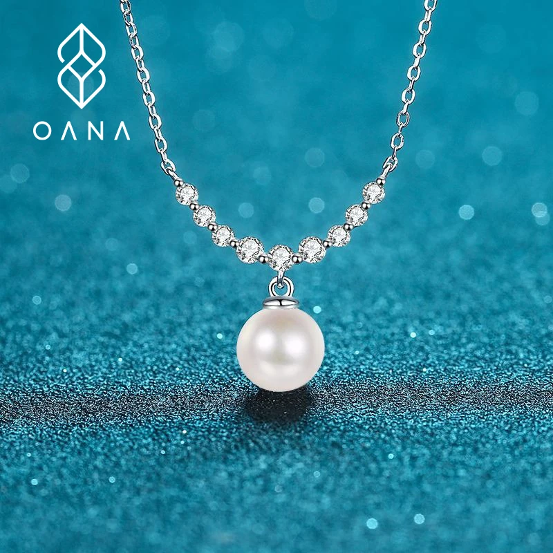 OANA 925 Sterling Silver Collarbone Necklace Ladies With 8mm Flawless Freshwater Pearl Smiling Moissanite Jewelry Free Shipping