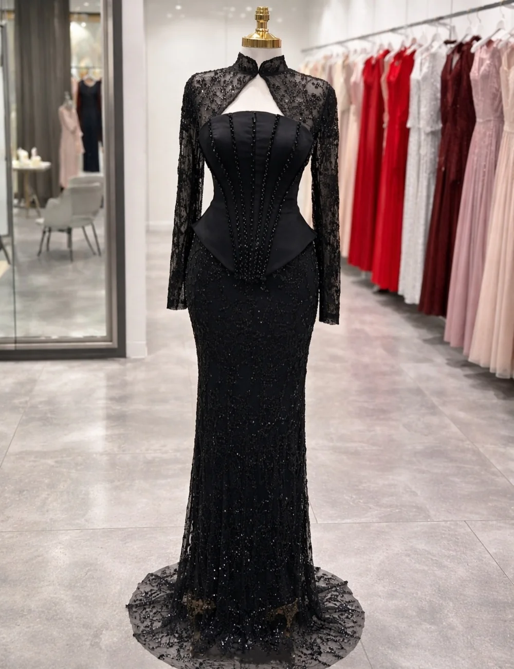 

Customized Intricate Lace Pleat Sequined Trumpet High Collar Long Quinceanera Bespoke Occasion Dresses Fashion