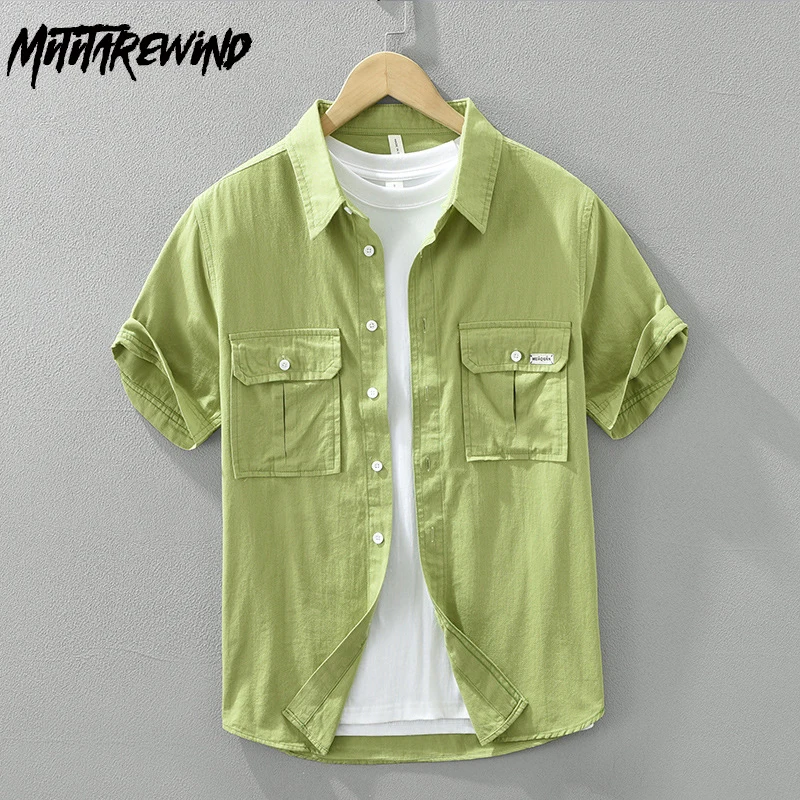 

Summer Japanese Style Cargo Shirt Men Causal Pure Cotton Short Sleeve Mens Shirts Double Pockets Green Shirt Youth Fashion Shirt