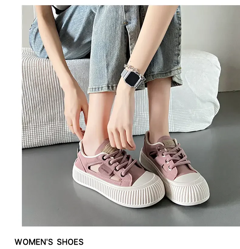 New Woman's Summer Leather Hollow Out Casual Sports Shoe Soft Sole Non Slip Breathable Casual Board Shoes Lace Up  Sandals