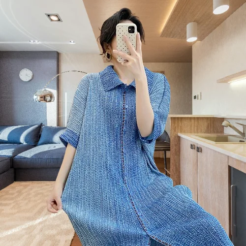 

Solid Color Lapel Miyake Fashion Versatile 2025 Summer New Plisse Button Short-sleeved Dress Loose Casual Medium and Long Dress