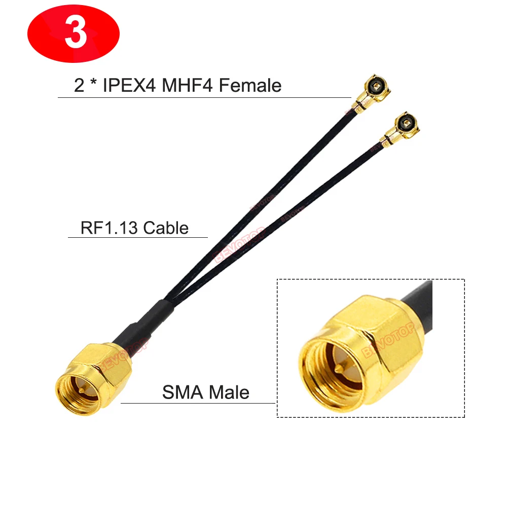 Imagem -04 - Bevotop-y tipo Splitter Cabo Pigtail rf Coax Extensão Jumper Macho para Fêmea Mh4 Ipex4 Rf1.13 Rp-sma Sma 100 Pcs Lot