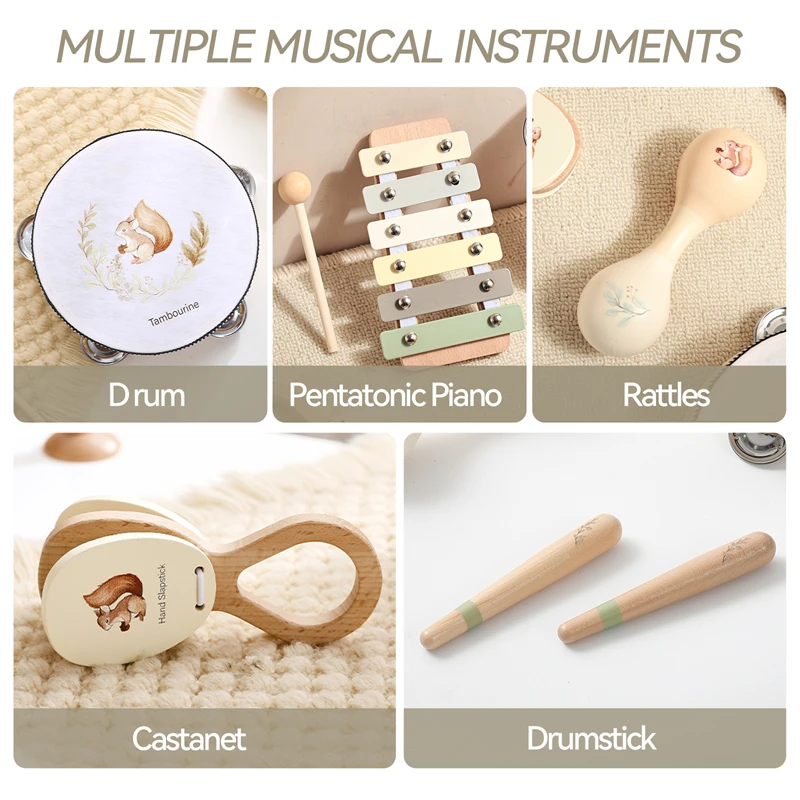 Baby Wooden Musical Instruments Toys Montessori Cartoon Squirrel Pattern Instrument Set Children's Music Enlightenment Toy Gift