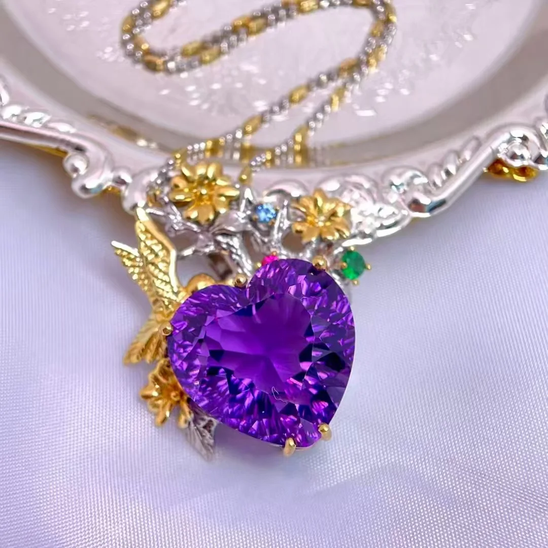 Natural Amethyst Pendant, 925 Silver Two-Tone Finish Fairy Tale Style Romantic Purple Gemstone, Crystal Jewelry Gift for Women