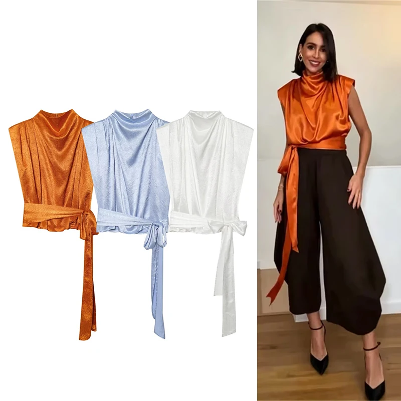 Haut pour femme 2026 Nouvelle collection été – Haut sans manches en satin texturé avec nœud, élégant et stylé, style vacances