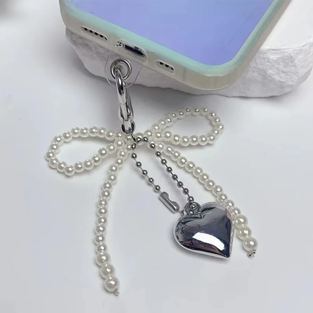 

Delicate Beaded Strap Lanyard Key Chain with Bow Shaped Heart Keyring Pearl Decoration for Bags AirPods Phones